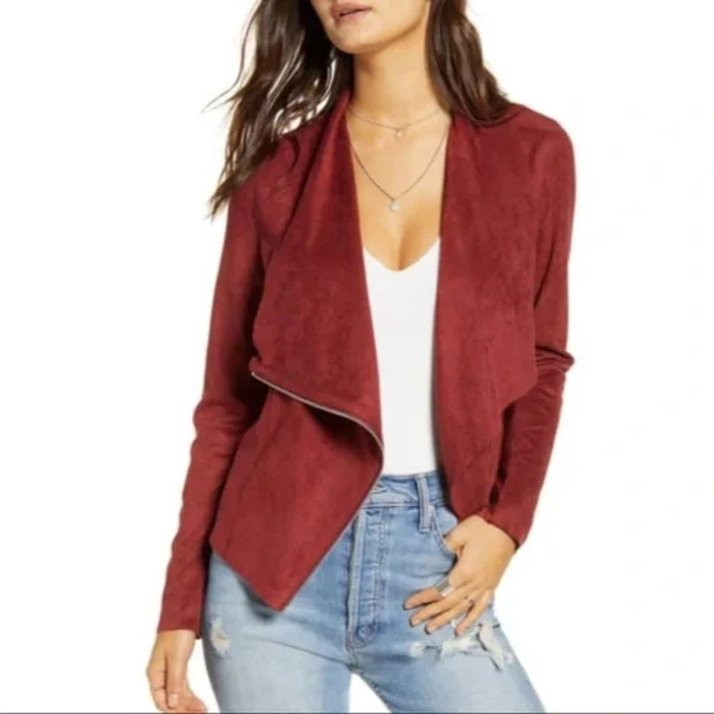 Blank NYC Maroon Red Faux Suede Draped Lightweight Moto Jacket